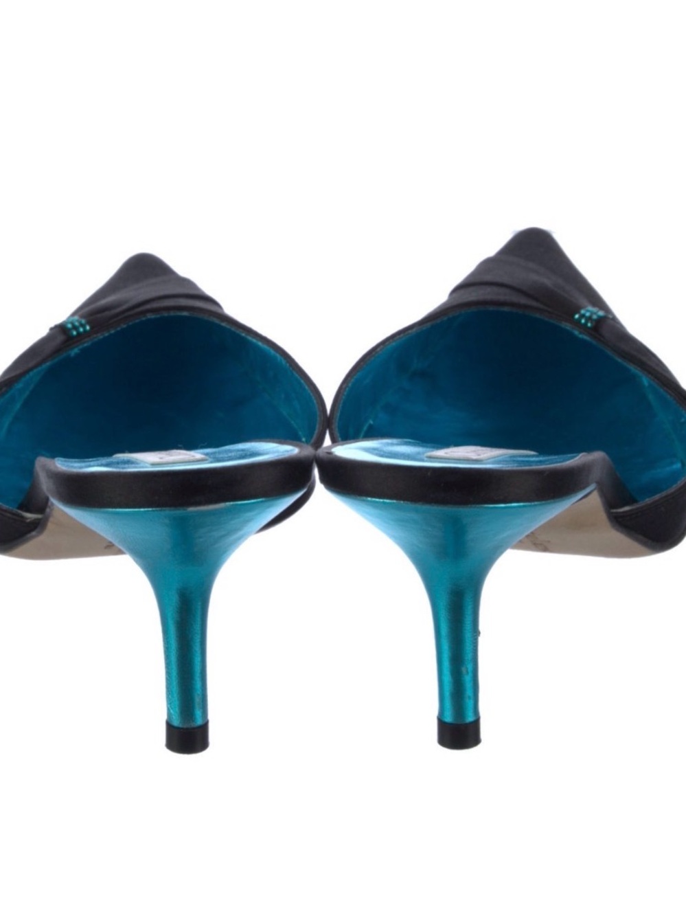 Christian Lacroix Black Satin Pointed-Toe Mules with Turquoise Insole - Picture 4 of 5